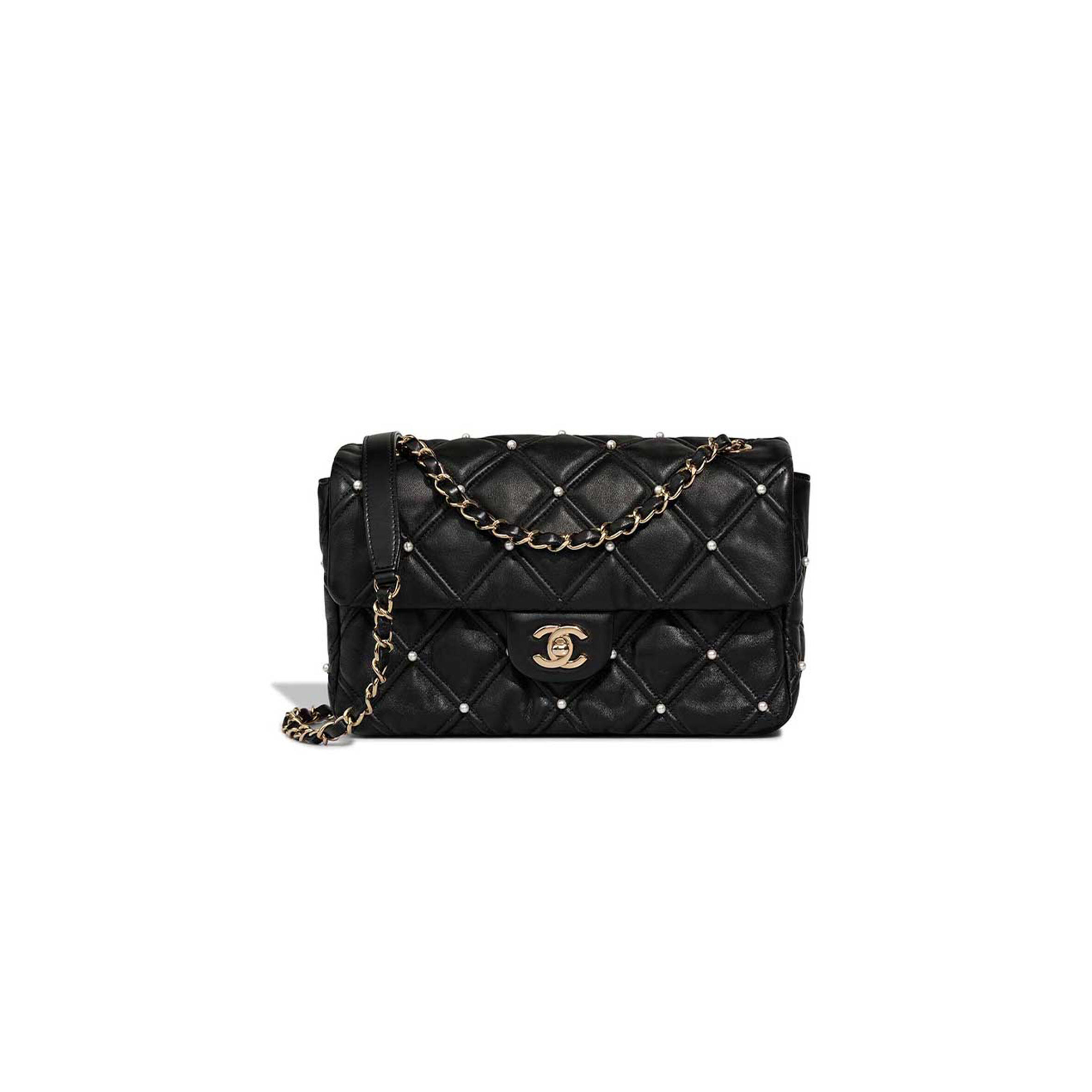 CHANEL BLACK LAMBSKIN QUILTED PEARL STUDDED FLAP BAG WITH GHW (24*16*7.5cm)